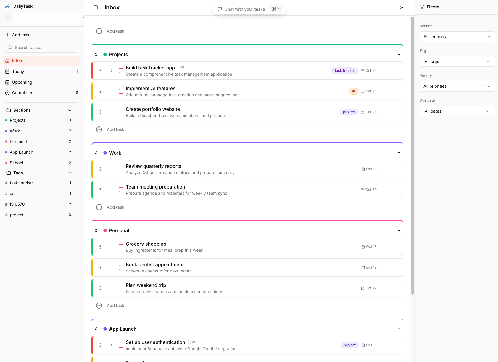 Product screenshot showing task list and sections